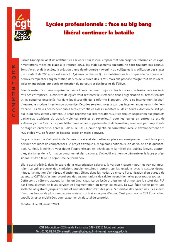 comm de presse lycees professionnels 20230130